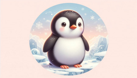 cute penguin in winter landscape with snowflakes, illustrationの写真素材