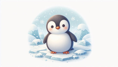 Cute cartoon penguin in the winter forest. Vector illustration.の写真素材
