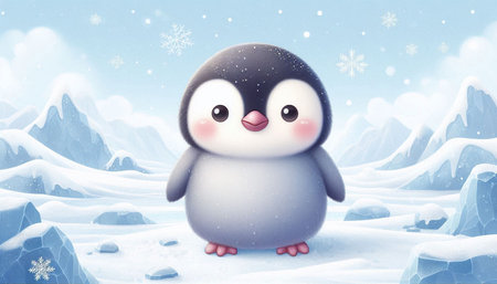 Cute penguin in the snow. Christmas and New Year background.の写真素材