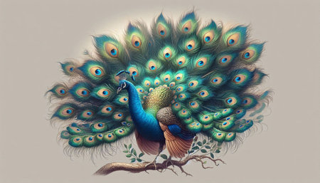 Beautiful peacock with feathers on a branch. Illustration.