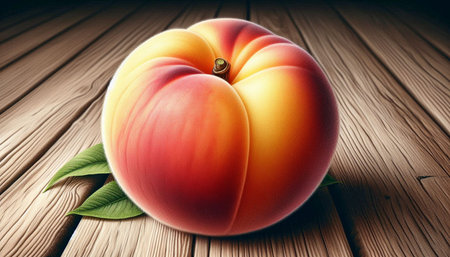Peach fruit with leaf on wooden background. 3d illustration.の写真素材