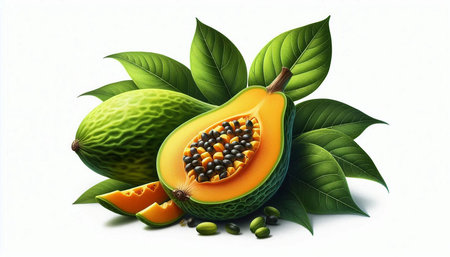 Papaya fruit with leaves and seeds isolated on white background.
