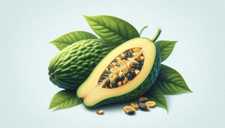 Papaya fruit with green leaves and seeds on light background.