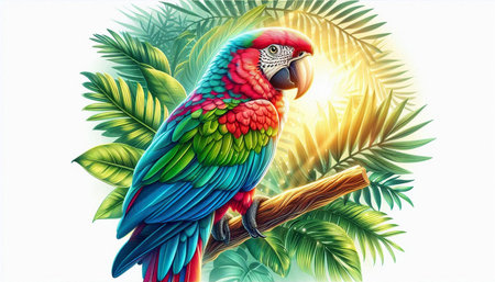 Parrot on a branch with palm leaves. Tropical background. Vector illustration.