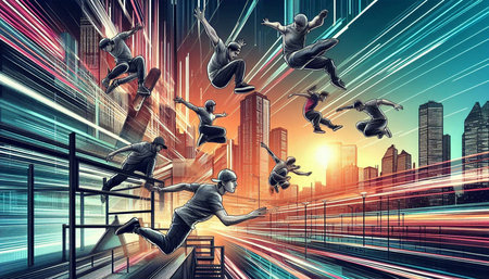 Business people jumping over the gap in the road. 3D renderingの写真素材