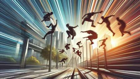 Silhouettes of business people running in the city. 3D rendering