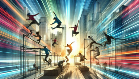 Silhouettes of jumping people against high speed background 3d rendering