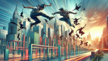 Modern style dancer jumping on the road with cityscape in the background