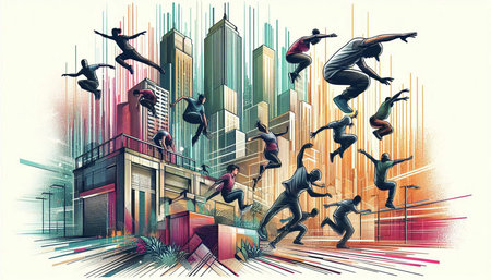 Abstract illustration of urban life with people jumping over skyscrapers.