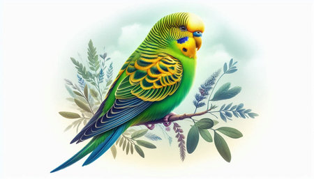 Green budgerigar parrot on a branch with leaves.