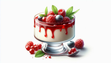 Panna cotta with berries on a white background. 3d illustration