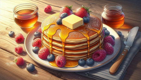 Pancakes with honey and berries on wooden background. 3d illustration