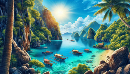 Fantasy island with palm trees and boats. 3D illustration.