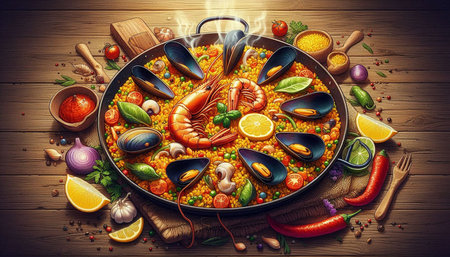Seafood paella in frying pan with ingredients on wooden backgroundの写真素材