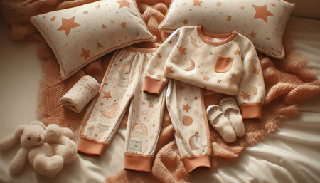 baby clothes and accessories on the bed, soft focus, vintage toneの写真素材