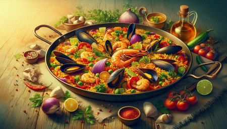 Seafood paella with shrimps, mussels, prawns and vegetables. Traditional spanish dishの写真素材