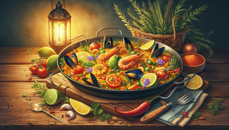 Seafood paella in a frying pan on a wooden backgroundの写真素材