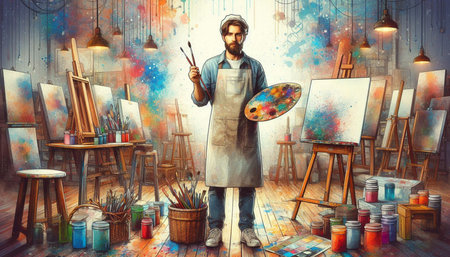 Painter with palette and brushes standing in his studio. Oil painting.