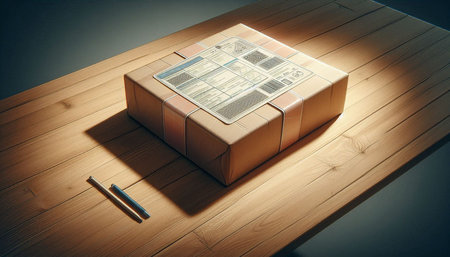 Highly rendering of an office desk with a pen and a boxの写真素材