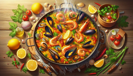Paella with seafood and vegetables on wooden background. Top view.の写真素材