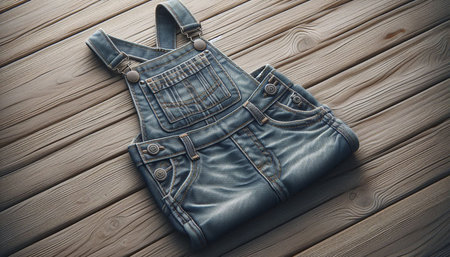 Fashionable women's jeans overalls on a wooden background.の写真素材