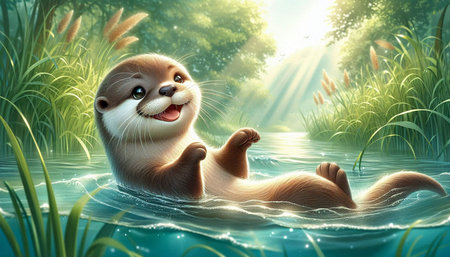 Cute cartoon otter swimming in the water. 3d renderingの写真素材