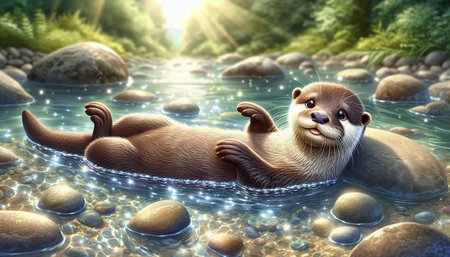 3D rendering of an otter swimming in a river at sunsetの写真素材
