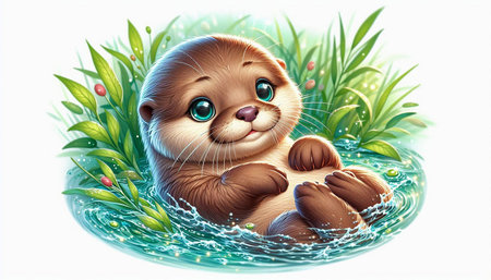 Cute cartoon otter sitting in the water. Vector illustration.の写真素材