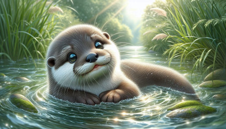 3D rendered illustration of a cute little otter in the water.の写真素材