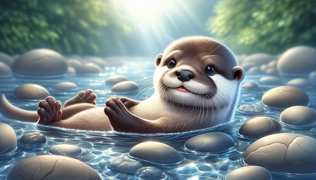 Cute cartoon otter swimming in the river. 3D renderingの写真素材