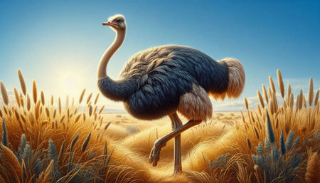 Ostrich in a wheat field. 3d rendering. Computer digital drawing.