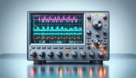 3D rendering of a sound recording studio equipment with colorful audio waves.の写真素材