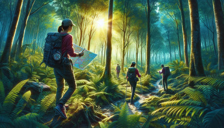 Traveler man with map in the forest.3d illustration.
