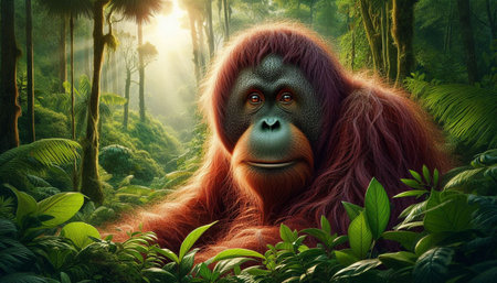 Orangutan in the jungle. 3D render. Nature backgroundの写真素材