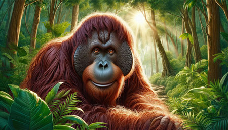 Orangutan in the jungle. 3D illustration. Natural background.