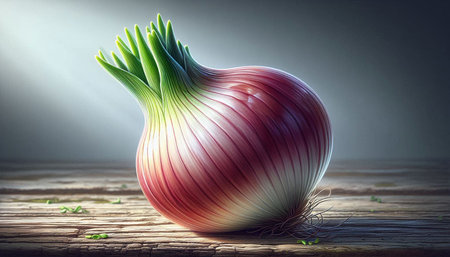 Onion bulb on wooden table. 3d illustration. Studio shotの写真素材