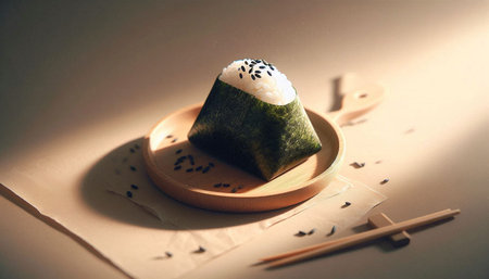 Japanese rice ball with rice and seaweed on a wooden plate.