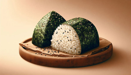 Sushi with rice and sesame seeds on a wooden plate.