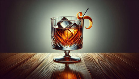 Glass of whiskey with ice cubes and lemon on wooden table over grey background