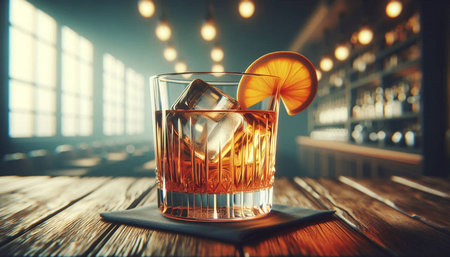 Glass of whiskey with ice cubes and orange slice on wooden table in barの写真素材