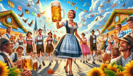 Happy young woman in dirndl drinking beer at Oktoberfest festival.の写真素材