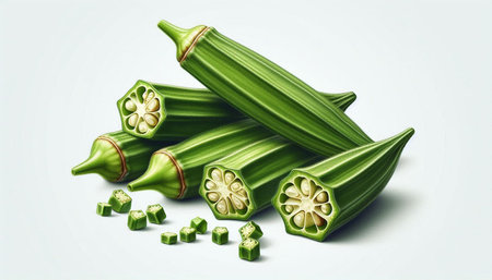 Fresh okra on a white background. Vector illustration. Eps 10