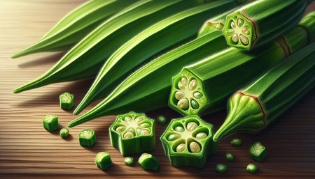 Fresh okra on wooden background, closeup. Healthy food concept
