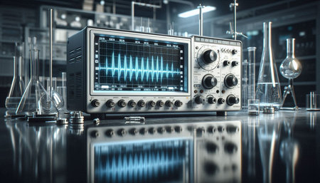 Scientific laboratory equipment. 3d rendering toned image double exposure