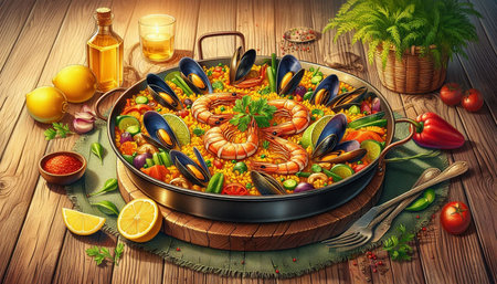 Seafood paella in pan on wooden table. 3d renderingの写真素材