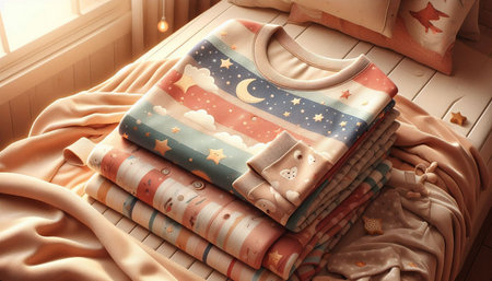 Baby clothes on bed in room, closeup. Bedroom interior