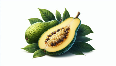 Avocado fruit with leaves isolated on white background. Clipping path