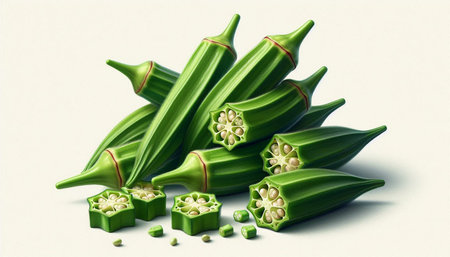 Fresh okra on a white background, 3d render illustration.