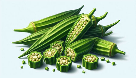 Illustration of okra on a blue background with some green peas