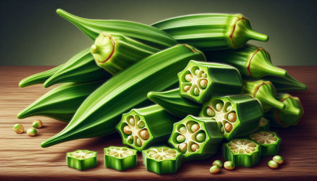 Fresh okra on wooden table, close-up. Healthy food.